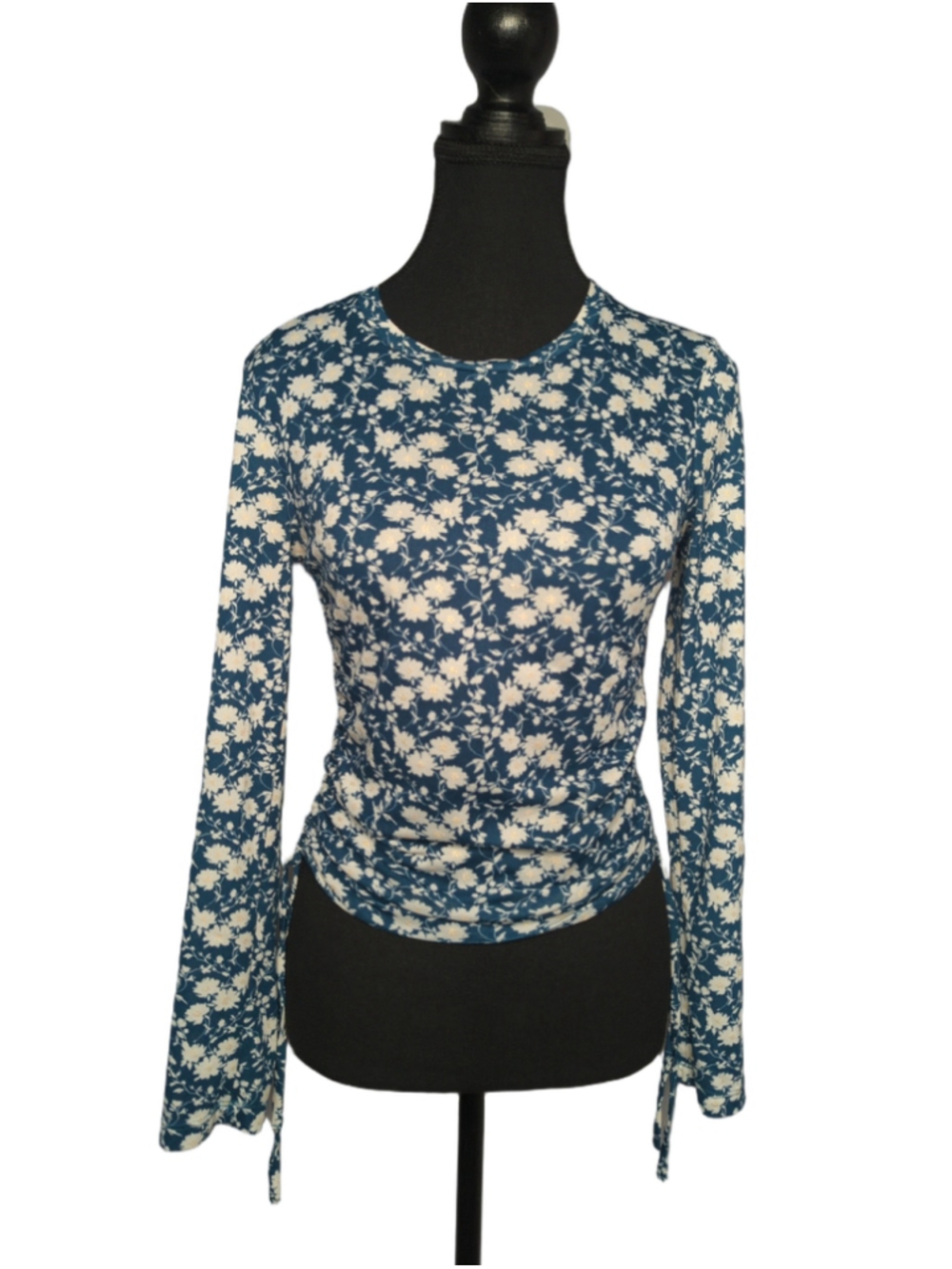 Good Luck Gem Teal Blue Ditsy Floral Side-Tie Long Sleeve Top - Size M